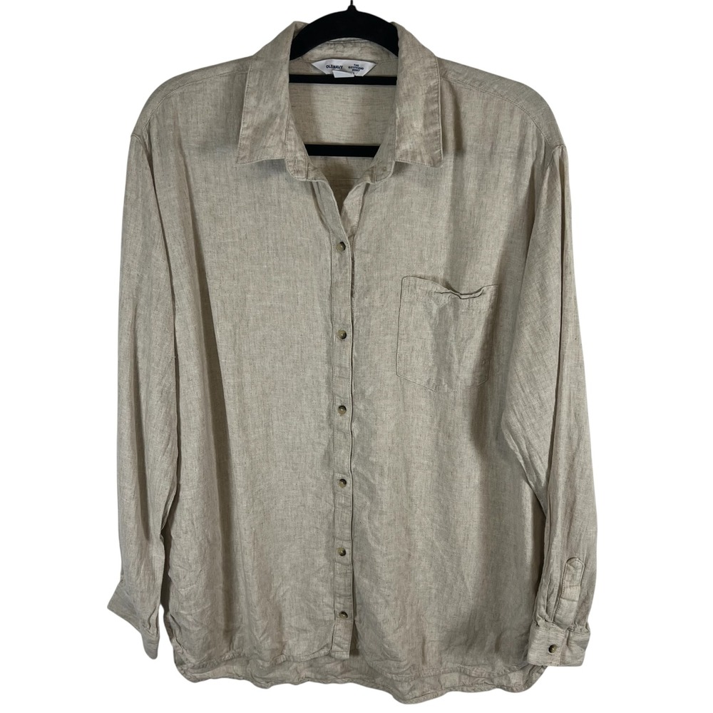 Old Navy The Boyfriend Shirt Linen Blend Button Down Beige Tan Large Tall Beach
